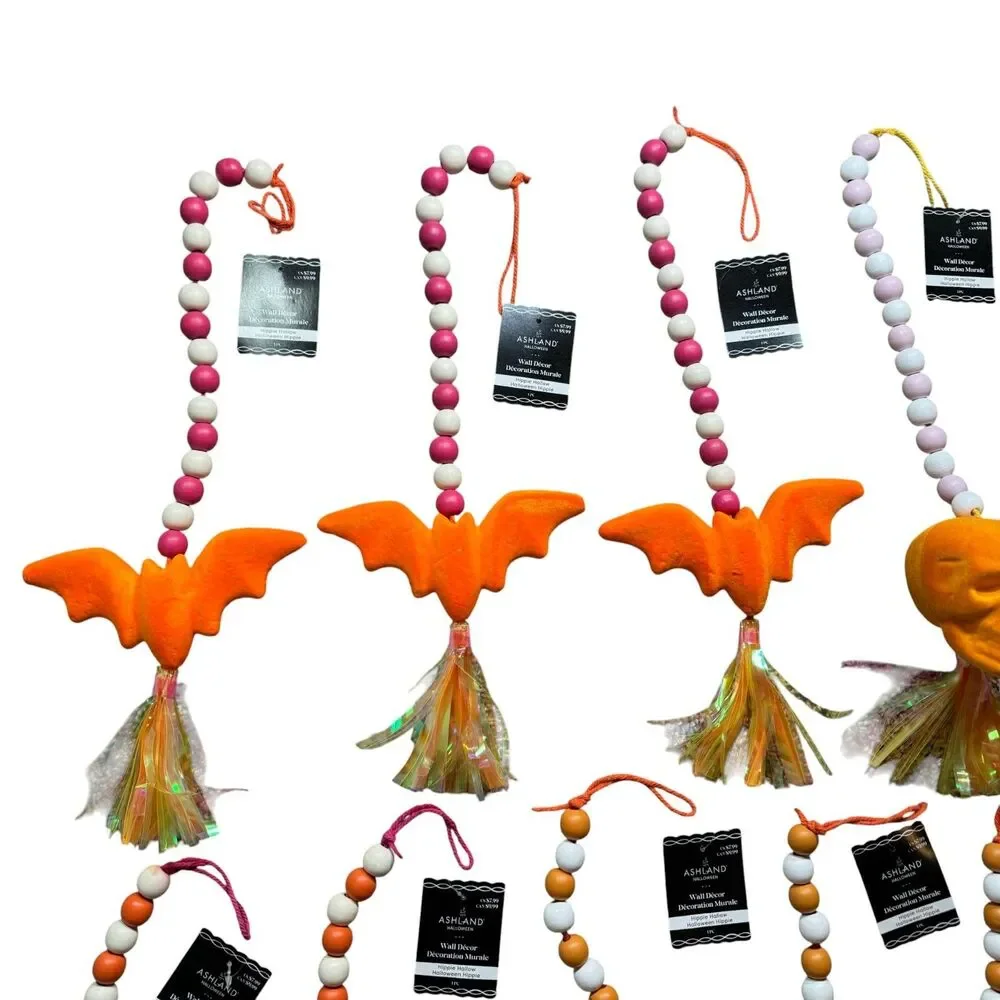 Ashland Halloween Decor Hanging Beads LOT of 17 Skulls Bats Flocked Orange NEW